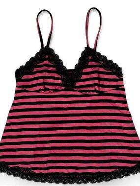 Y2K Pink Stripe Black Lace Trim Cami XS Coquette Bratz McBling 2000s Tank Top